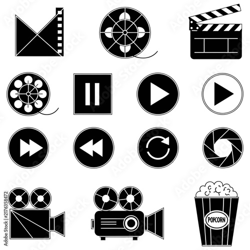 Collection of solid black cinema and media player interface icons