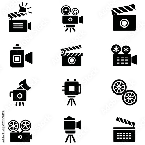 Set of black movie camera and film production icons with cinema icons