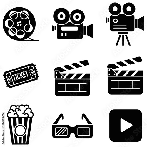 Black cinema and movie making glyph icons collection with film reel