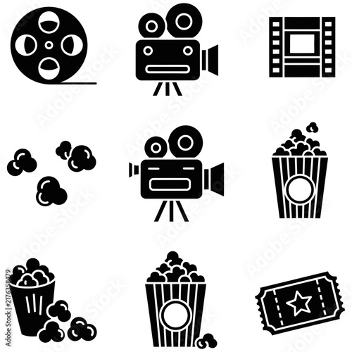 Set of black silhouette cinema and movie theater icons and symbols