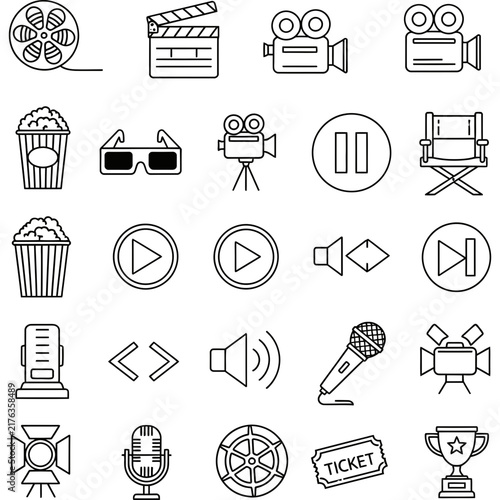 Line art movie and production outline vector icons with video producti