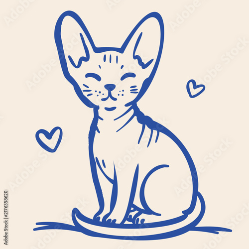 Cute sitting Sphynx cat surrounded by hand drawn hearts, whimsical minimal line art illustration in a charming naive doodle style, isolated on a warm cream background.