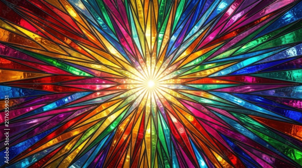 Obraz premium Dazzling multi-colored starburst stained glass with bright center