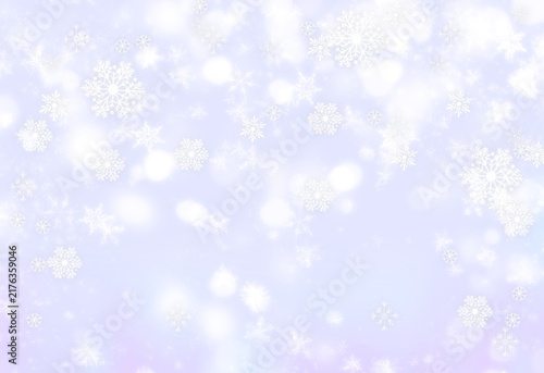 Pastel lavender winter background with glowing white snowflakes, soft bokeh lights, sparkling particles and gentle winter atmosphere.