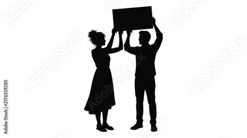 Foto Couple holding rectangular sign aloft black silhouette