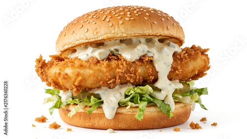 Fried chicken sandwich with sesame seed bun, melted tartar sauce, and shredded lettuce