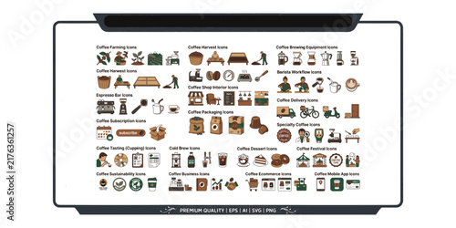 Comprehensive coffee industry vector icon set featuring farming, harvesting, brewing equipment, barista workflow, coffee shop interior, packaging, delivery, and tasting cupping elements in color flat 