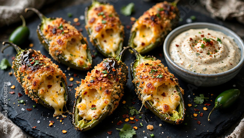 Baked jalapeño poppers stuffed with melted cheese and breadcrumbs served with creamy dipping sauce