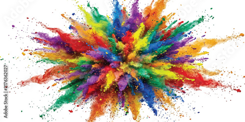 Dynamic multicolor paint explosion with vivid red, blue, green, yellow and purple powder spreading outward.