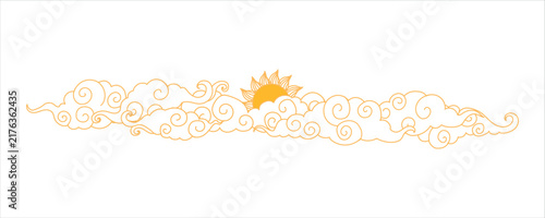 Tibetan sky. Asian cloud with moon, sun and stars. Japanese Korean Chinese cloud style. Asian traditional ornaments. Border pattern. Vector illustration