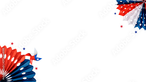Red, white, and blue paper fans with a pinwheel and stars on transparent background