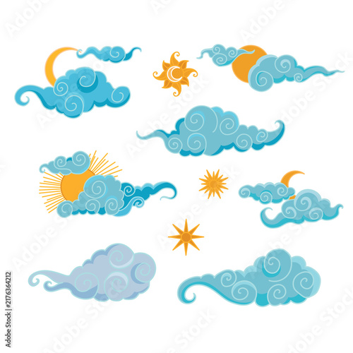 Tibetan sky. Set Blue Asian cloud with moon, sun and stars. Japanese Korean Chinese cloud style. Asian traditional ornaments. Vector illustration