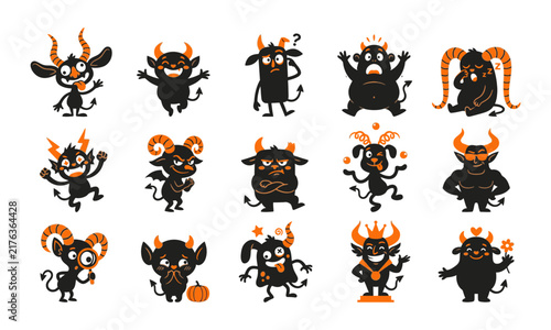Set of cute cartoon devil characters with various emotions and poses for halloween design
