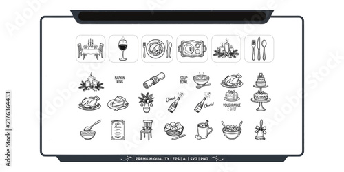 Set of dining, food, and restaurant vector icons featuring table setting, wine glass, cutlery, tableware, candles, napkin, soup, roasted turkey, and cake in line art style