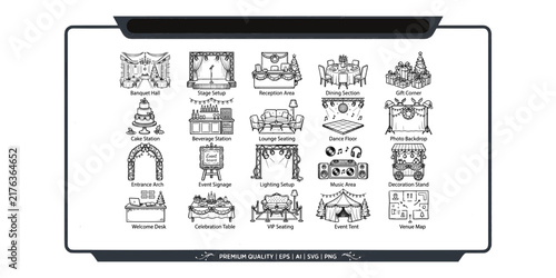 Set of event and wedding venue vector icons featuring banquet hall, stage, reception desk, dining section, lounge seating, dance floor, photo backdrop, entrance arch, and seating chart elements 