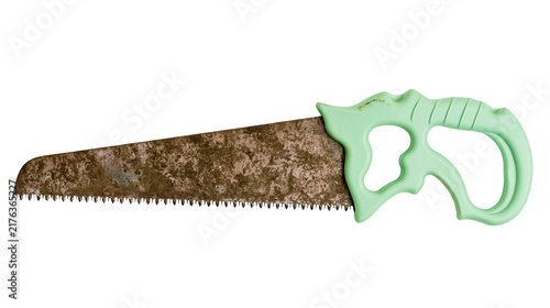 Foto Rusty hand saw with a light green plastic ergonomic handle