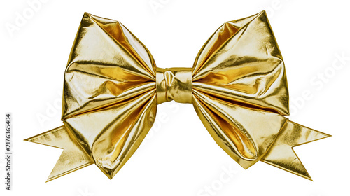 Shiny metallic gold decorative gift bow with folded fabric texture
