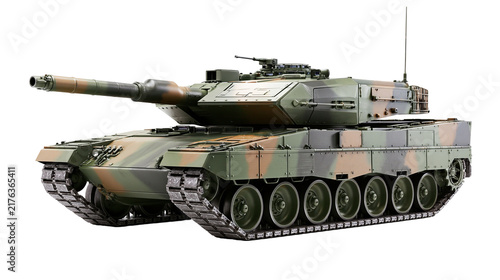 Foto Camouflaged Leopard 2 main battle tank with large turret and heavy metal tracks