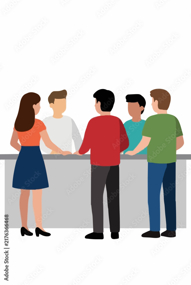 Obraz premium Vector illustration of five diverse people standing together at a cafeteria counter, viewed from behind, chatting and waiting in line for food and drinks in casual colorful clothing