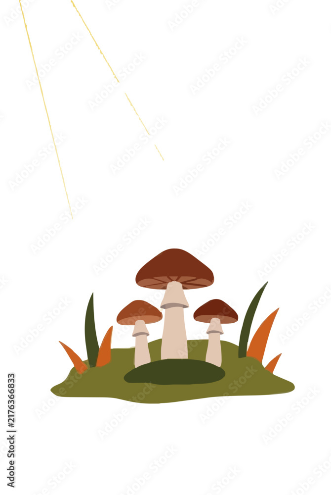 Naklejka premium Hand drawn vector illustration of wild mushrooms growing on grassy ground illuminated by golden sunlight beam in autumn forest setting with green leaves and orange grass accents