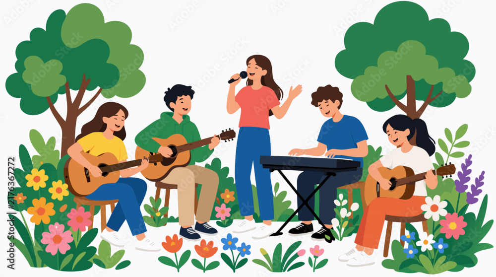 Fototapeta premium Cheerful young students playing acoustic guitars keyboard and singing together in a sunny garden with green trees and colorful flowers friends music band outdoor vector illustration flat design