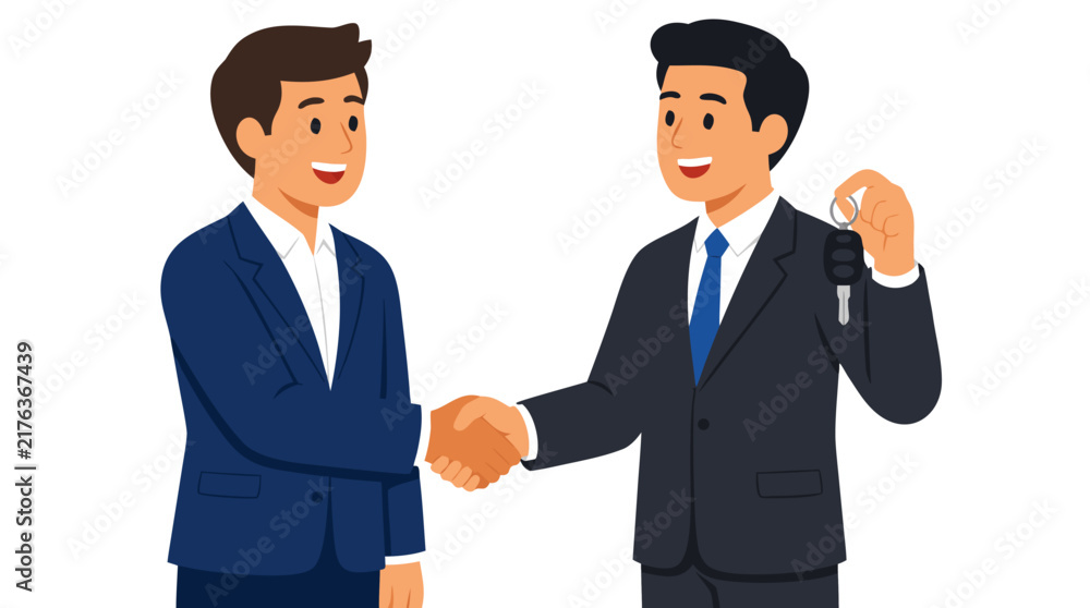 Fototapeta premium Professional car rental agent in blue blazer shaking hands with happy businessman holding car keys, flat vector illustration of successful car rental agreement and customer service, bold bright colors
