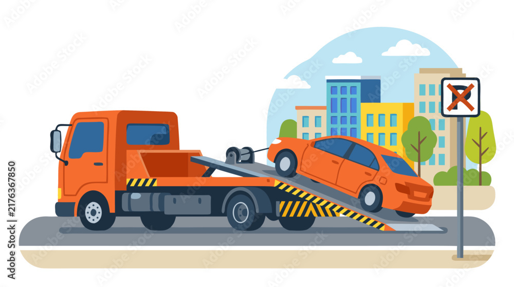 Naklejka premium Orange flatbed tow truck hauling away improperly parked sedan from no parking zone with red X sign on busy city street with colorful buildings and trees, flat vector illustration design