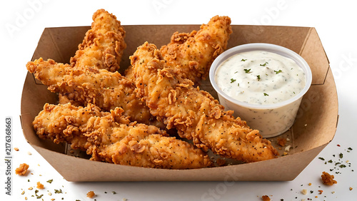 Crispy Fried Chicken Tenders with Creamy Dipping Sauce in Cardboard Tray