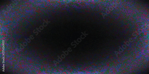 Abstract dark vignette background with colorful grain noise texture and copy space.