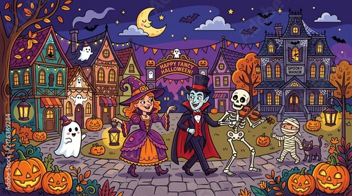 Cute Halloween Town Festival Vector Illustration With Witch Vampire Skeleton Mummy And Haunted Houses