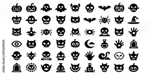 Create a premium set of 30 unique Halloween monster outline 