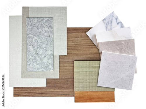 interior material board containing ash and oak veneers, fabric laminateds, grainy quartz stone, oak laminated, interior fabric wallpaper samples isolated on background with clipping path.