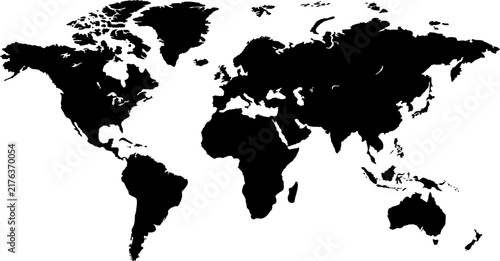 Bild auf Leinwand Black silhouette of a world map showing all continents and major islands on a cl