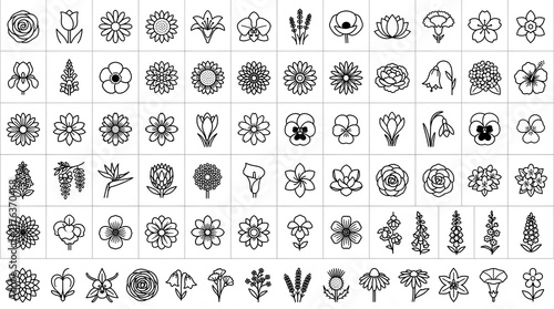 Minimalist floral pattern grid with many small line art flower icons for seamless design