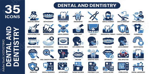 Dental and dentistry solid icon set. Includes symbols for tooth implant, braces, root canal, and dental clinic. Vector icons for healthcare projects and medical presentations.