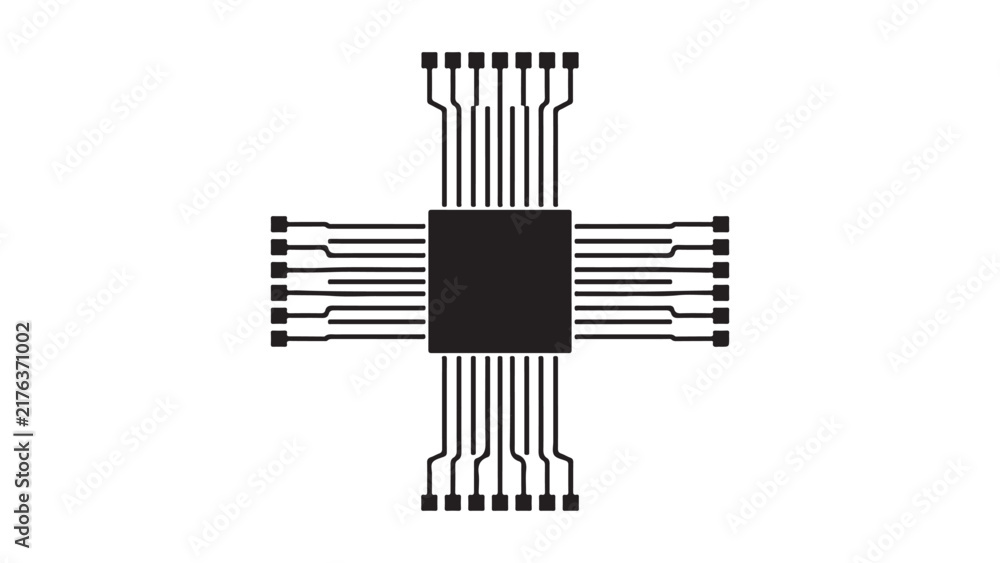 Obraz premium Abstract Microchip Icon with Radiating Pins Forming a Cross, Symbolizing Connectivity