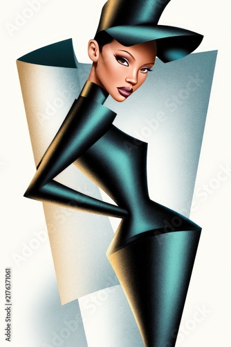 Stylized Fashion Illustration Featuring Avant-Garde Design and Bold Geometry