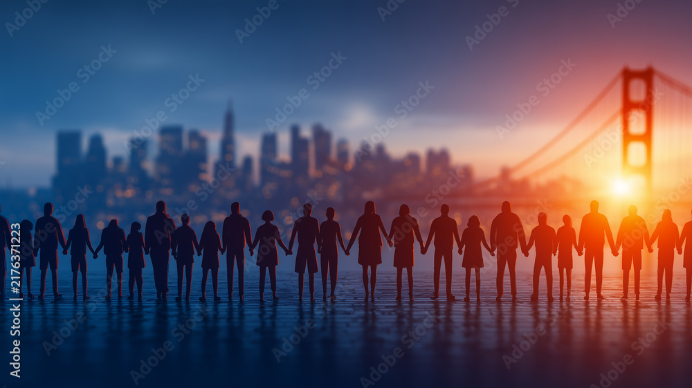 Fototapeta premium A line of people holding hands before a city skyline and bridge represents community unity social inclusion solidarity and human connection. 