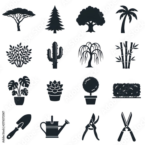 Gardening and plant icon set collection with trees, potted plants and garden tools vector