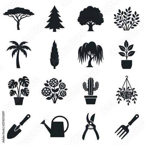 Gardening and plant icon set collection with trees, potted plants and garden tools vector