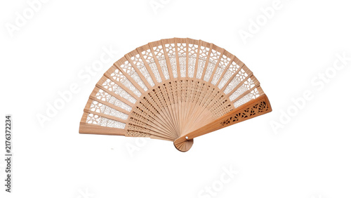 Fotografie Traditional wooden folding hand fan isolated on transparent background elegant o
