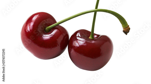 Quadro su tela Two ripe red cherries with green stems attached
