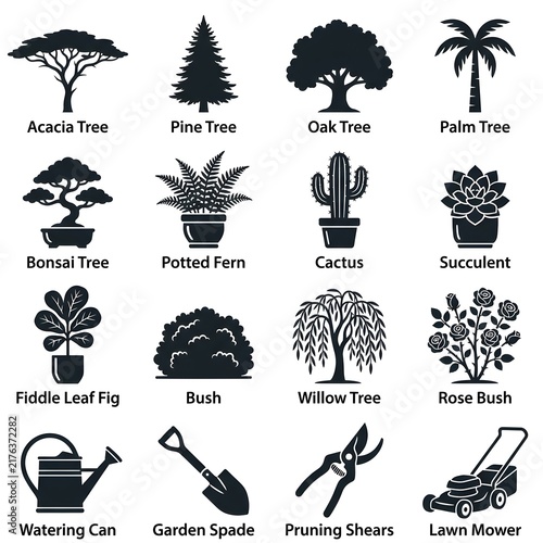 Gardening and plant icon set collection with trees, potted plants and garden tools vector