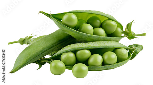 Quadro su tela Fresh green pea pods with round organic peas inside