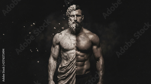 Half marble statue half muscular man transformation concept.