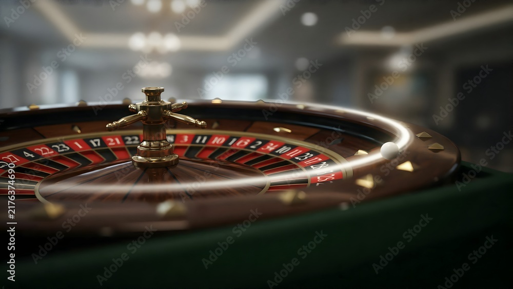 Obraz premium Close-up of a Roulette Wheel on a Casino Table with Background Lighting