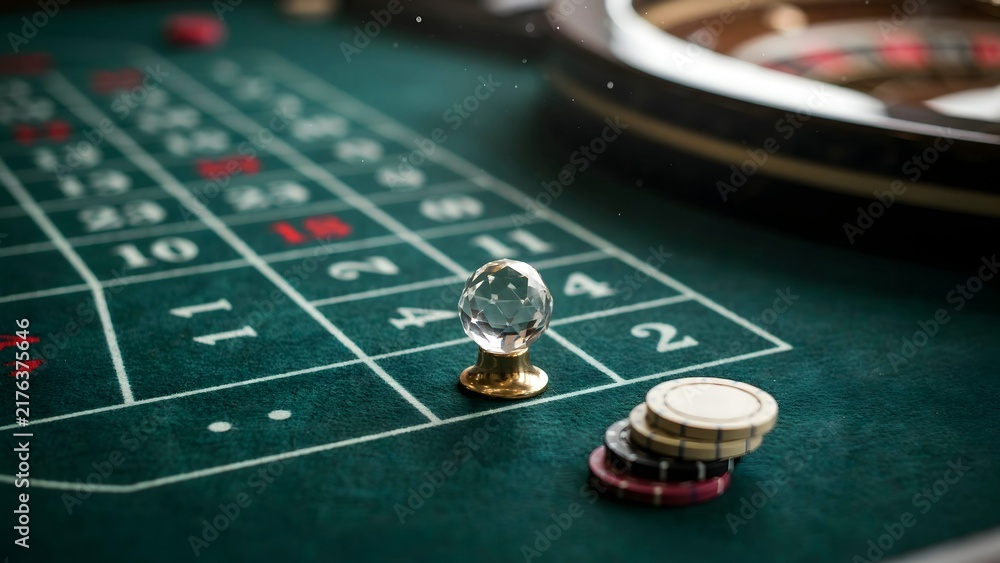 Obraz premium Elegant roulette game setup with glass ball and poker chips on green casino table