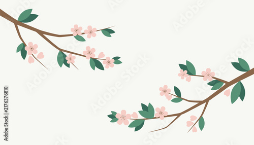 Delicate cherry blossom branches with pink flowers and green leaves stretch across a clean light cream background.