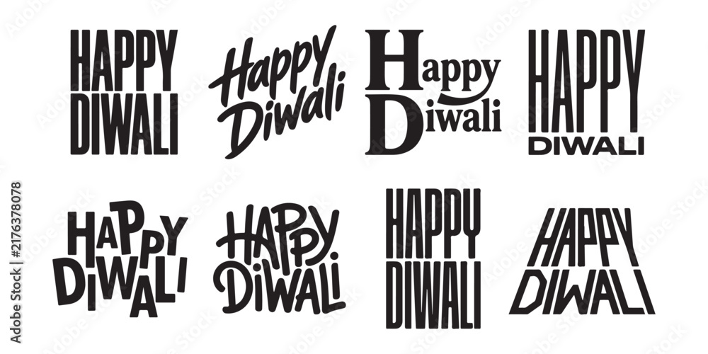 Obraz premium Happy diwali lettering set featuring diverse traditional typography styles