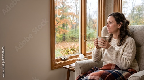 Woman in cozy sweater resting with warm mug beside rainy window, enjoying quiet autumn evening at home with soft natural light, calm expression, plaid blanket, comfortable chair and peaceful interior